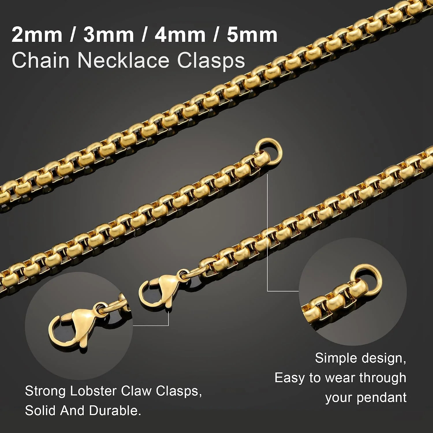 5 MM 18K Real Gold Plated Square Rolo Chain Stainless Steel Round Box Chain Neck