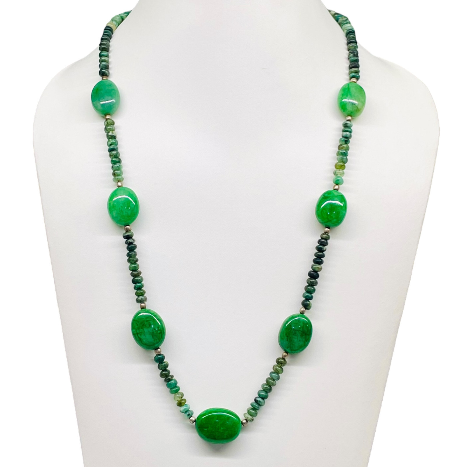 23′ Natural Emerald Designer Necklace Cabochon Beads 925 Silver Clasp