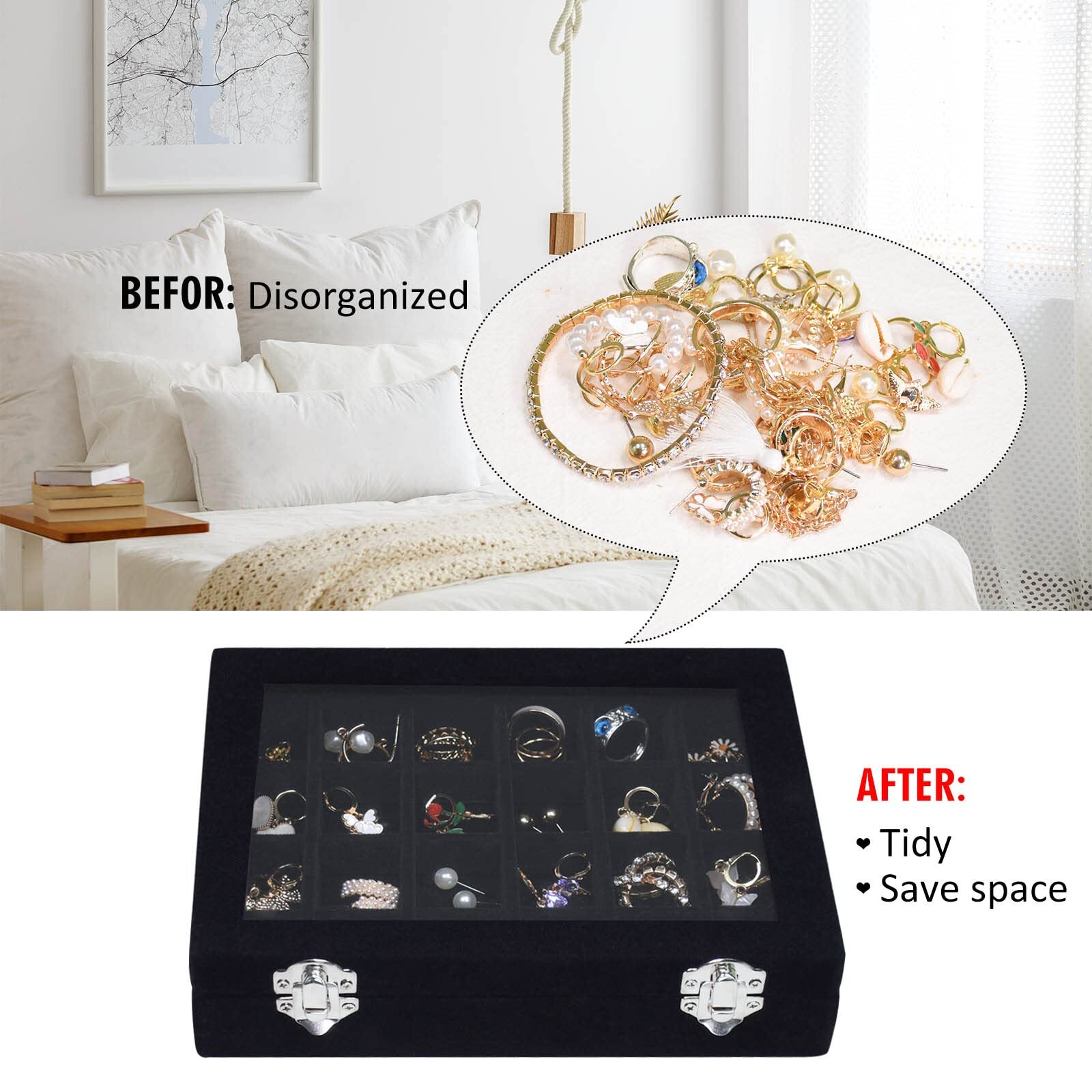24 Grid Jewelry Tray Organizer Transparent Lid for Earrings Rings Pendants