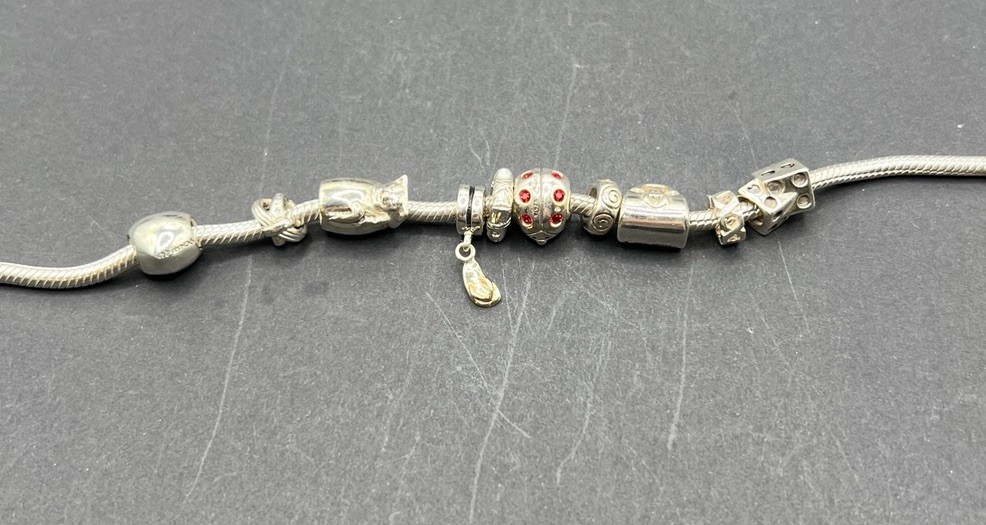 925 Sterling Silver Charm Bracelet 7.5” Includes 7 Charms Listed In Description