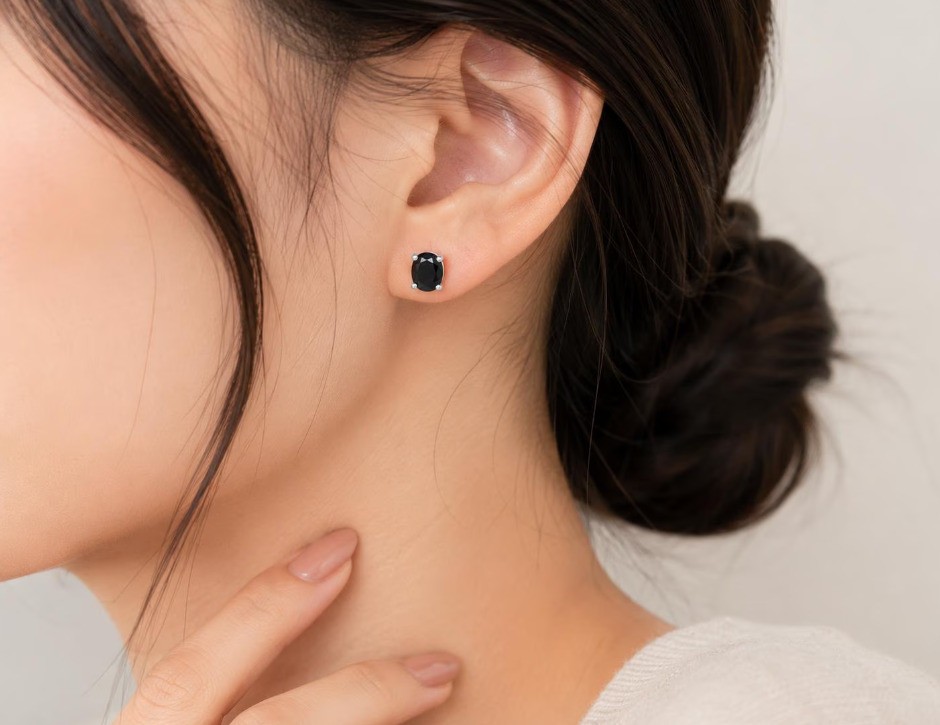 Black Onyx Stud Earrings Silver Oval Gemstone Minimalist Jewelry Gift for her