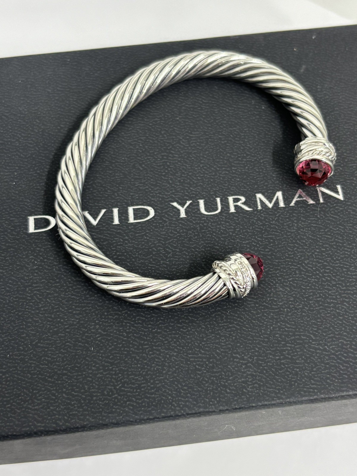 David 7mm Cable Cuff Bracelet 925 Sterling Silver Tourmaline & Diamond