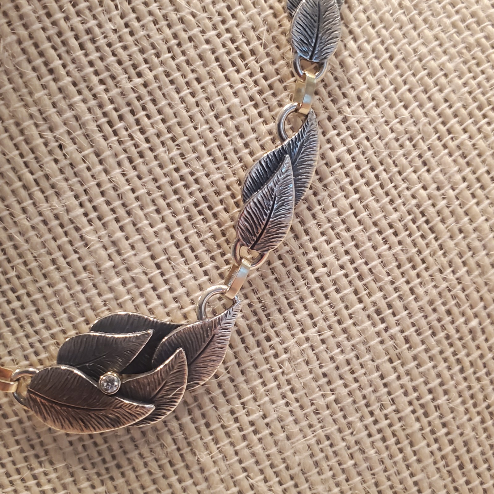Sterling Silver Leaf & Bamboo style necklace links with diamond
