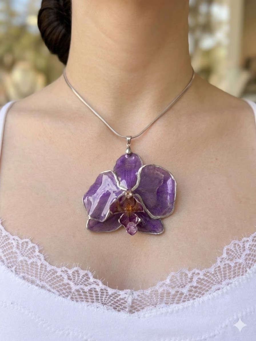 Real Orchid Necklace Preserved Flower Resin Pendant Stainless Steel Handmade