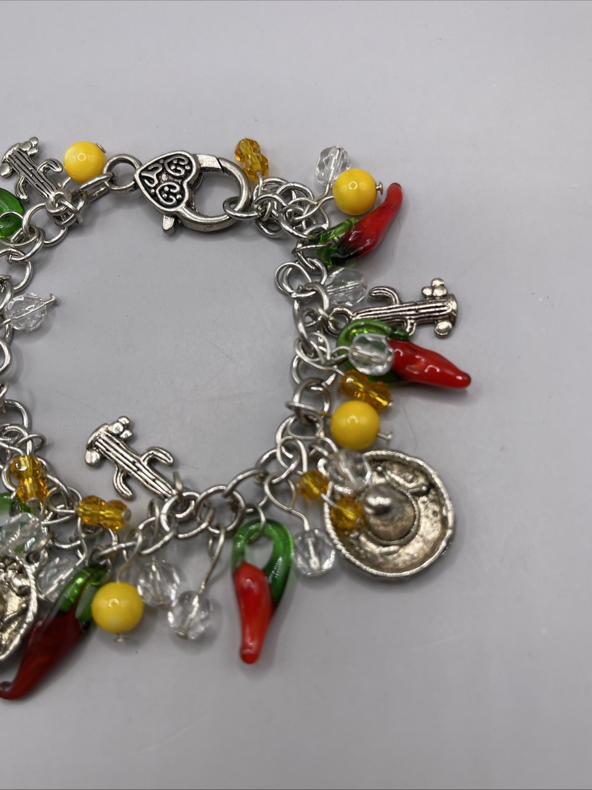 Charm Bracelet Jewelry Woman Glass Hot Papper Chili Cactus Sombrero Silver Tone