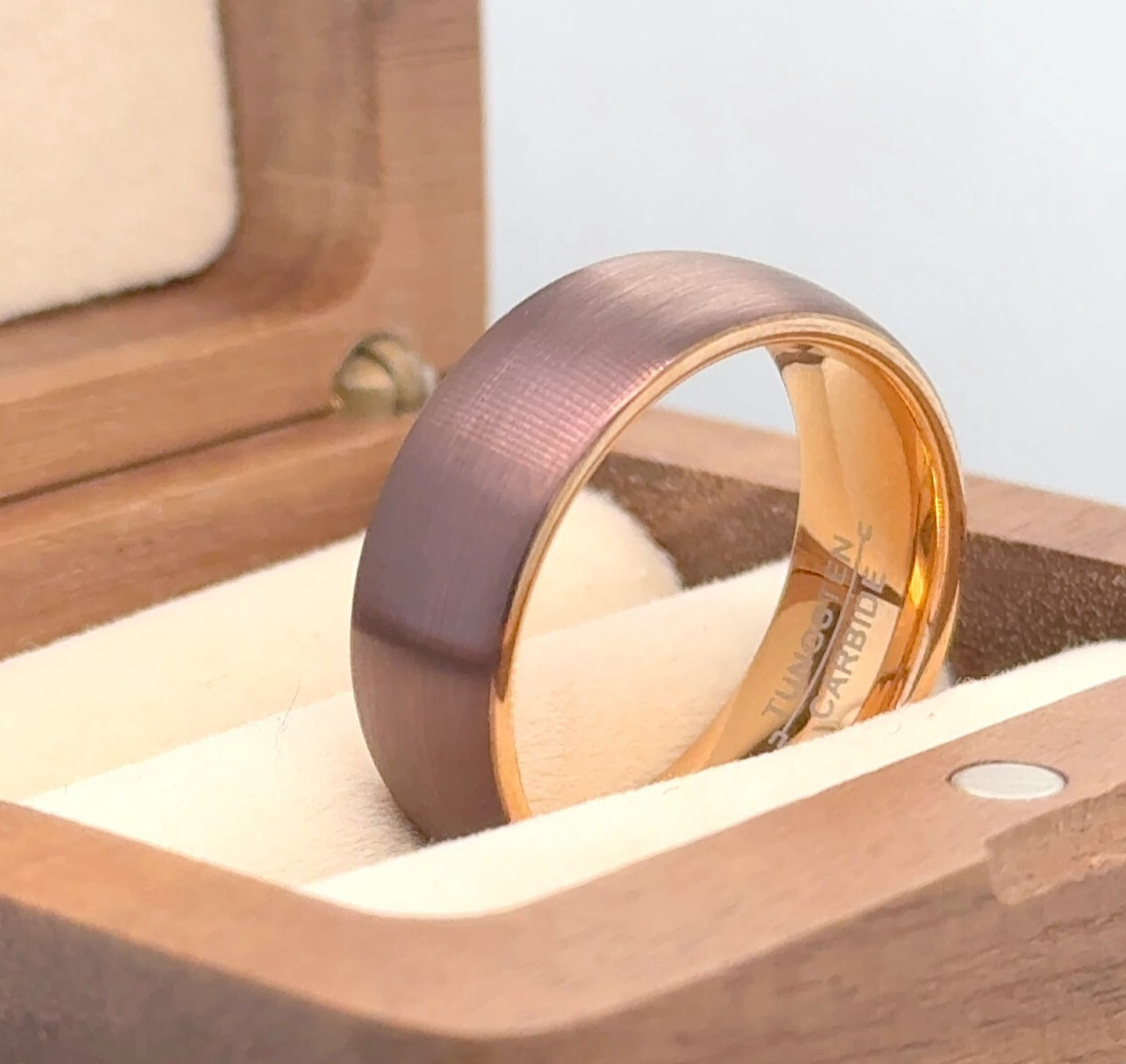 Brown & Rose Gold Tungsten Wedding Ring Elegant Thanksgiving Gift For Her