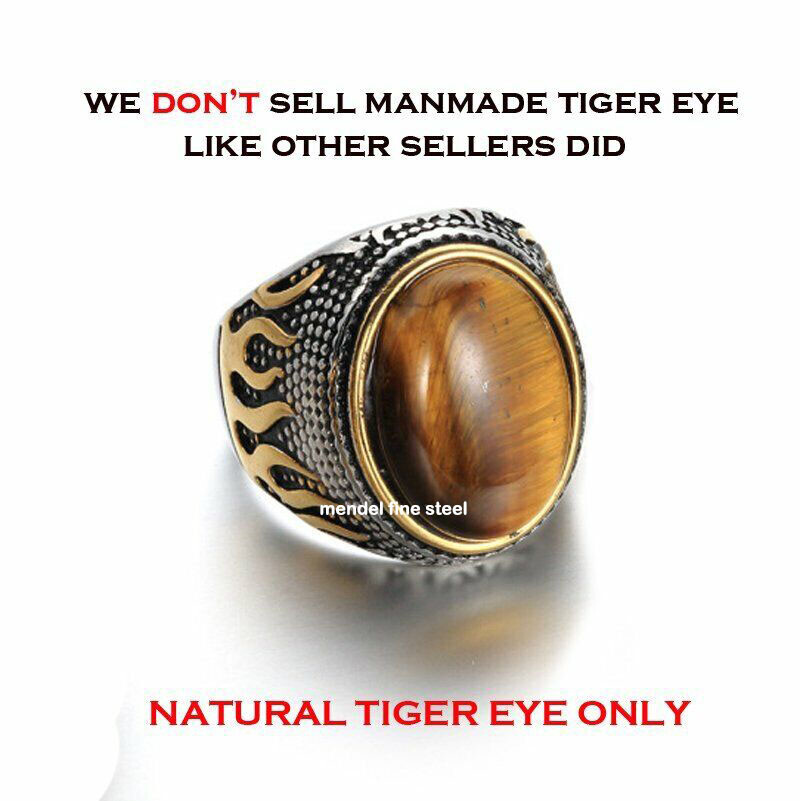 MENDEL Mens Stainless Steel Gold Plated Oval Tiger Eye Stone Ring Size 7 8 9-15