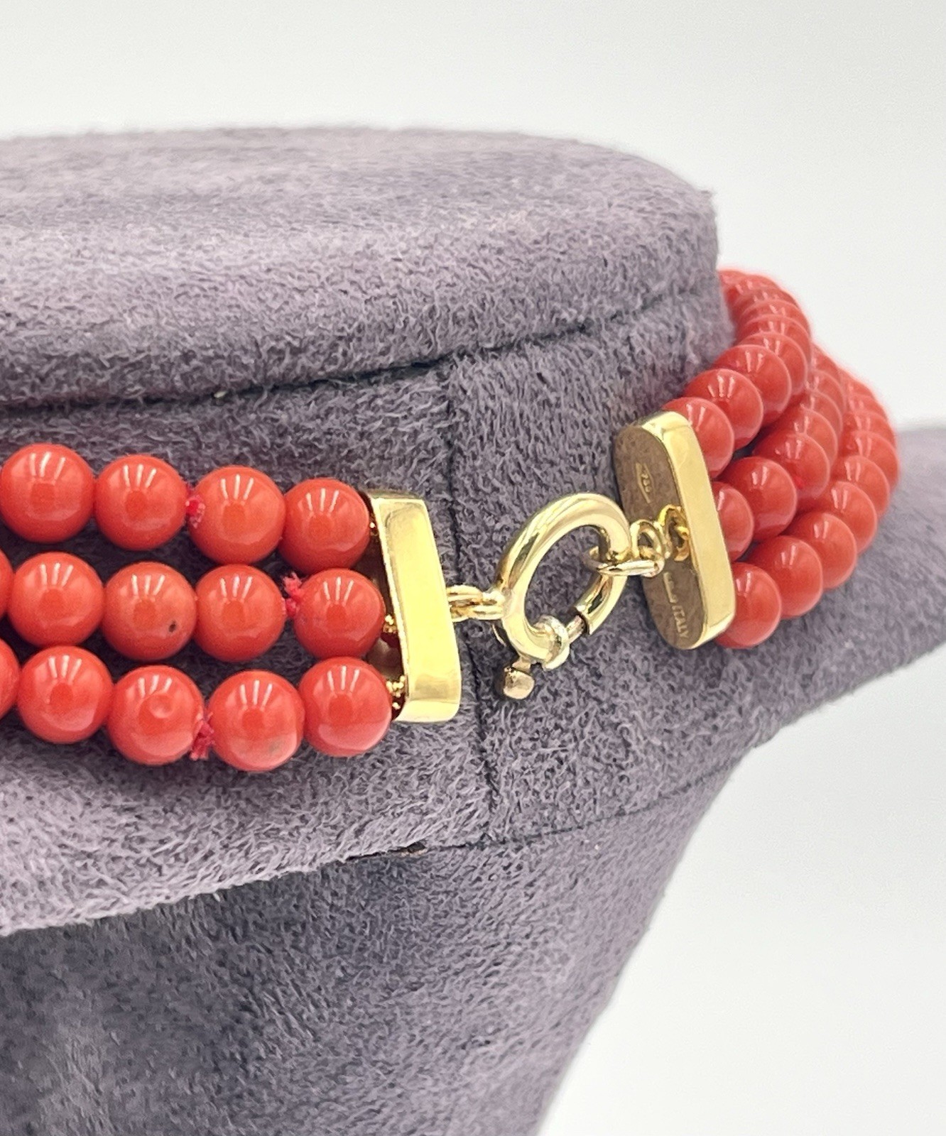Natural Mediterranean Red Coral 3 Strand Necklace 5mm 18kt Gold 62g Made Italy