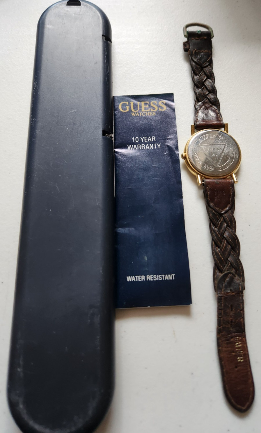 Guess Mens Watch 35mm Gold Tone World Map Dial Braided Leather Band Need Battery