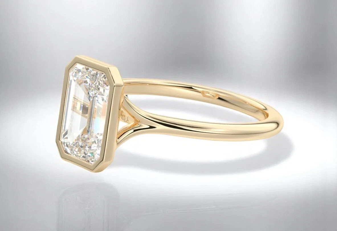 2.0CTW IGI Certified Emerald Cut Lab Grown Bezel Set Split Shank 14k Gold Ring