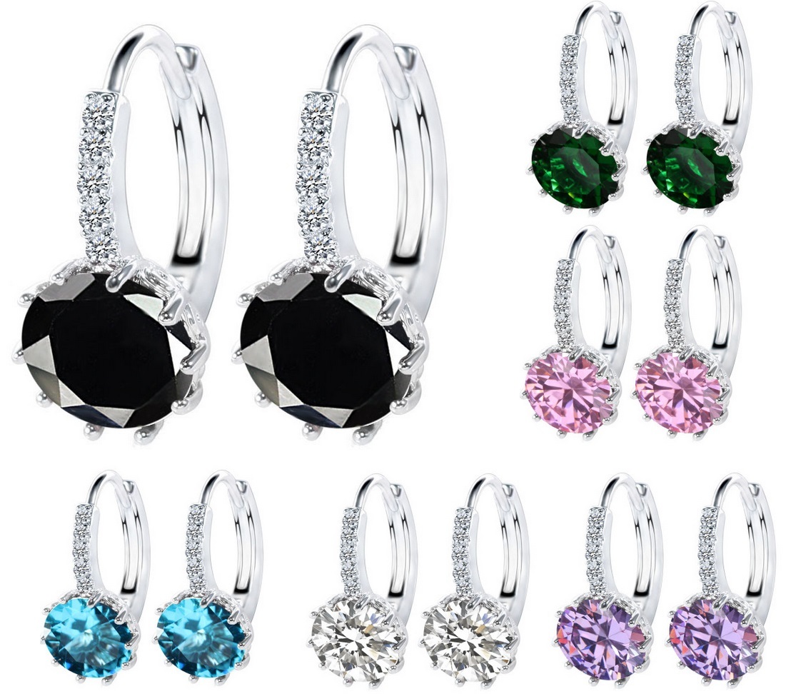 Silver Blue Purple Black Pink Green CZ Stud Hoop Huggie Earrings Gift