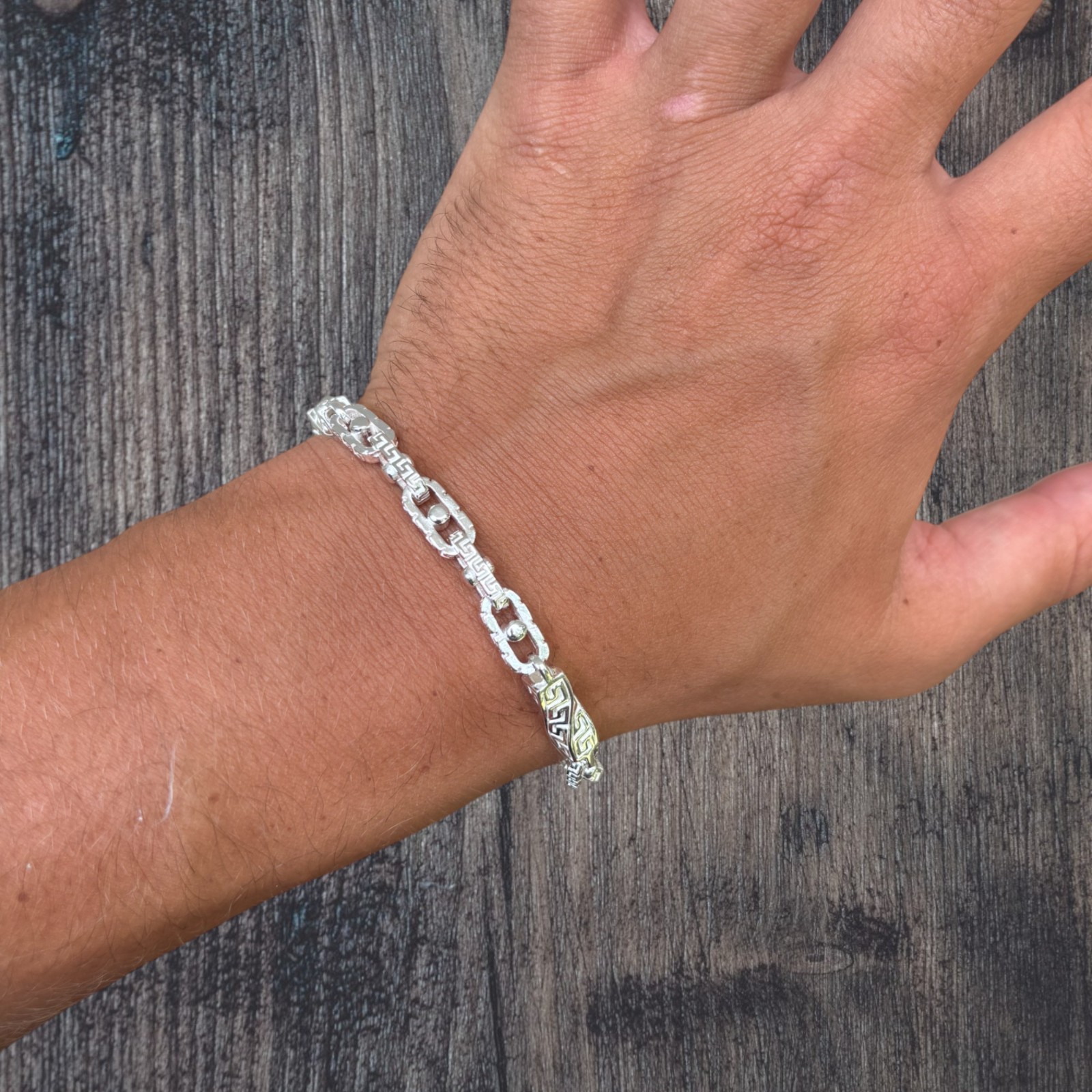 7mm Greek Key Rolo Link Bracelet – Real Solid 925 Sterling Silver MADFE IN ITALY
