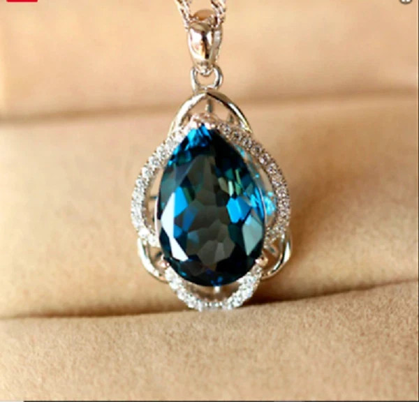 3 Ct Pear Cut London Blue Topaz Halo Pendant 14k White Gold Finish Free Chain