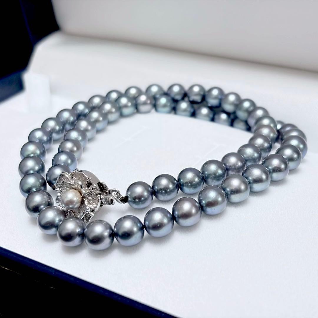Akoya Pearl Necklace 7.0-7.5mm 43cm Genuine Pearl Beautiful Overtones Blue Gray
