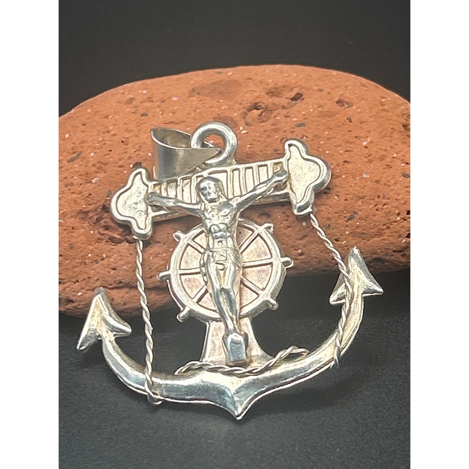 Vintage Sterling Silver Sailors Anchor Crucifix Pendant 925 Ships Wheel 2×1.75″