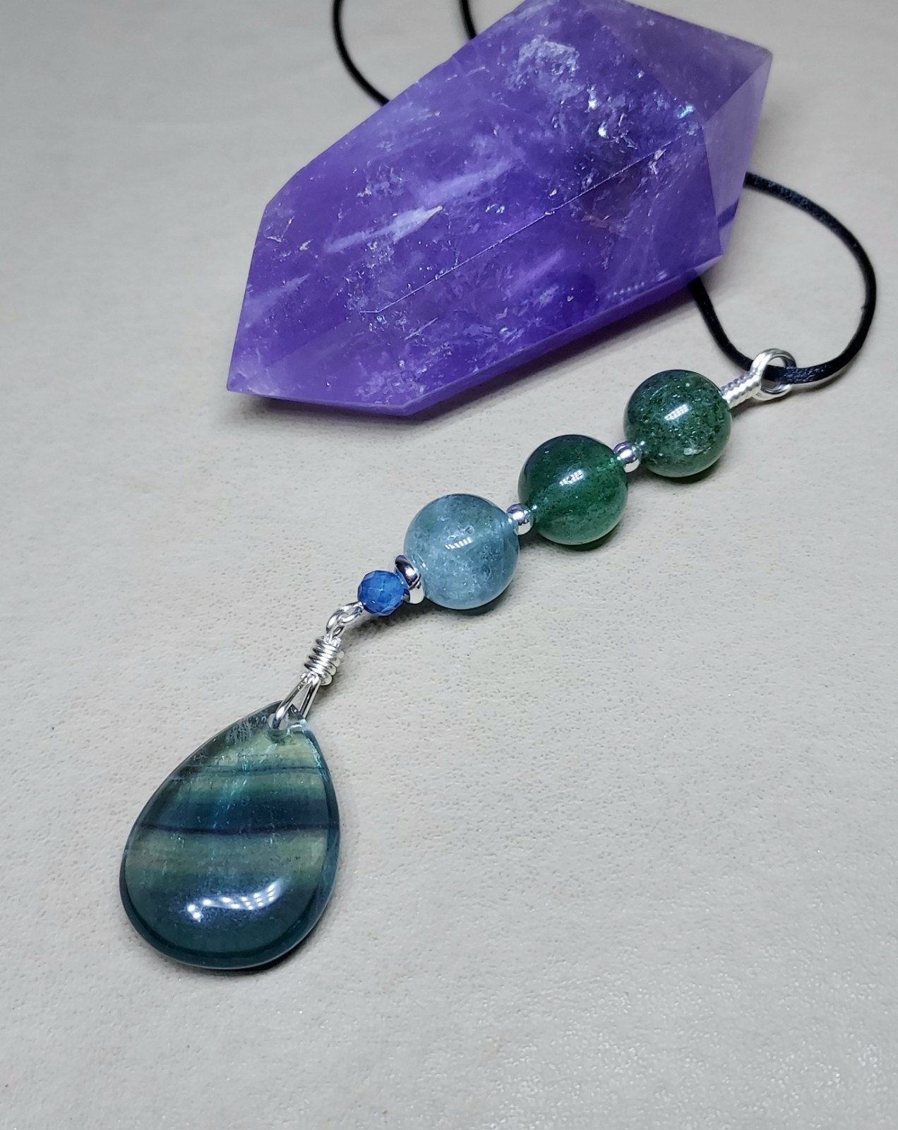 Blue Fluorite Pendant With Green Strawberry Quartz, Colorful Artisan Crafted