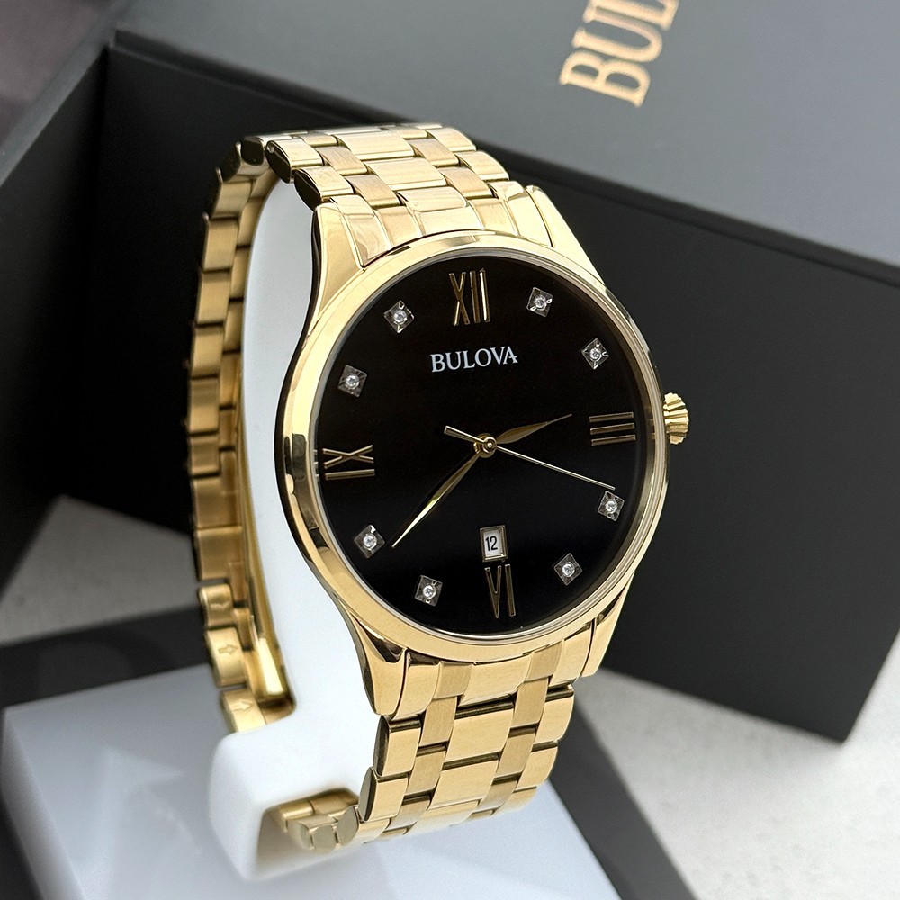 Bulova Men’s Classic Diamond 97D108 Black Dial Gold Stainless Quartz Watch 40mm