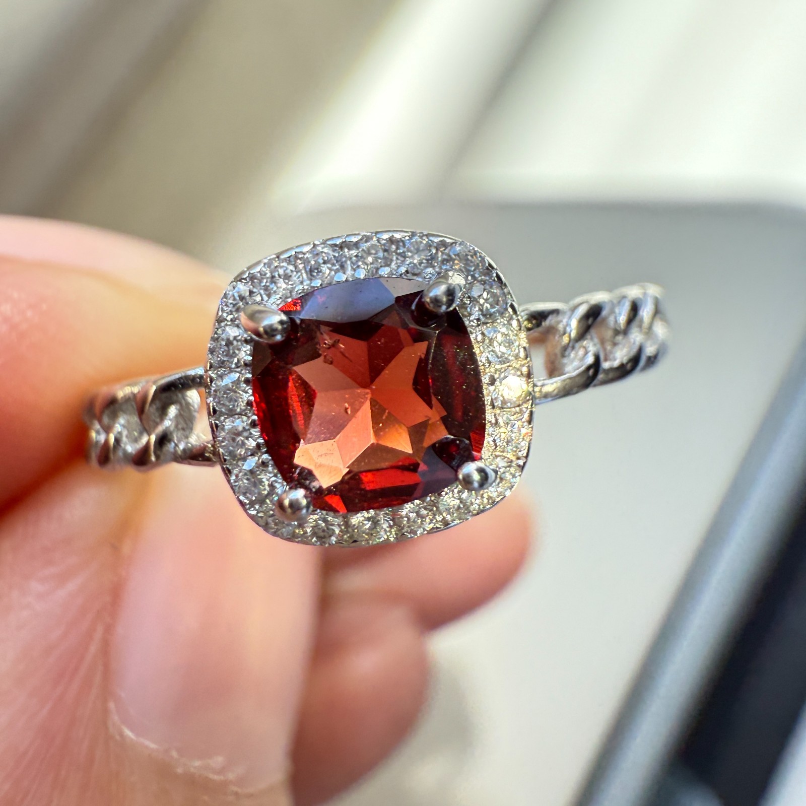925 Sterling Silver Ring 5mm Natural Rhodolite Garnet Zircon Handmade Chain Gift