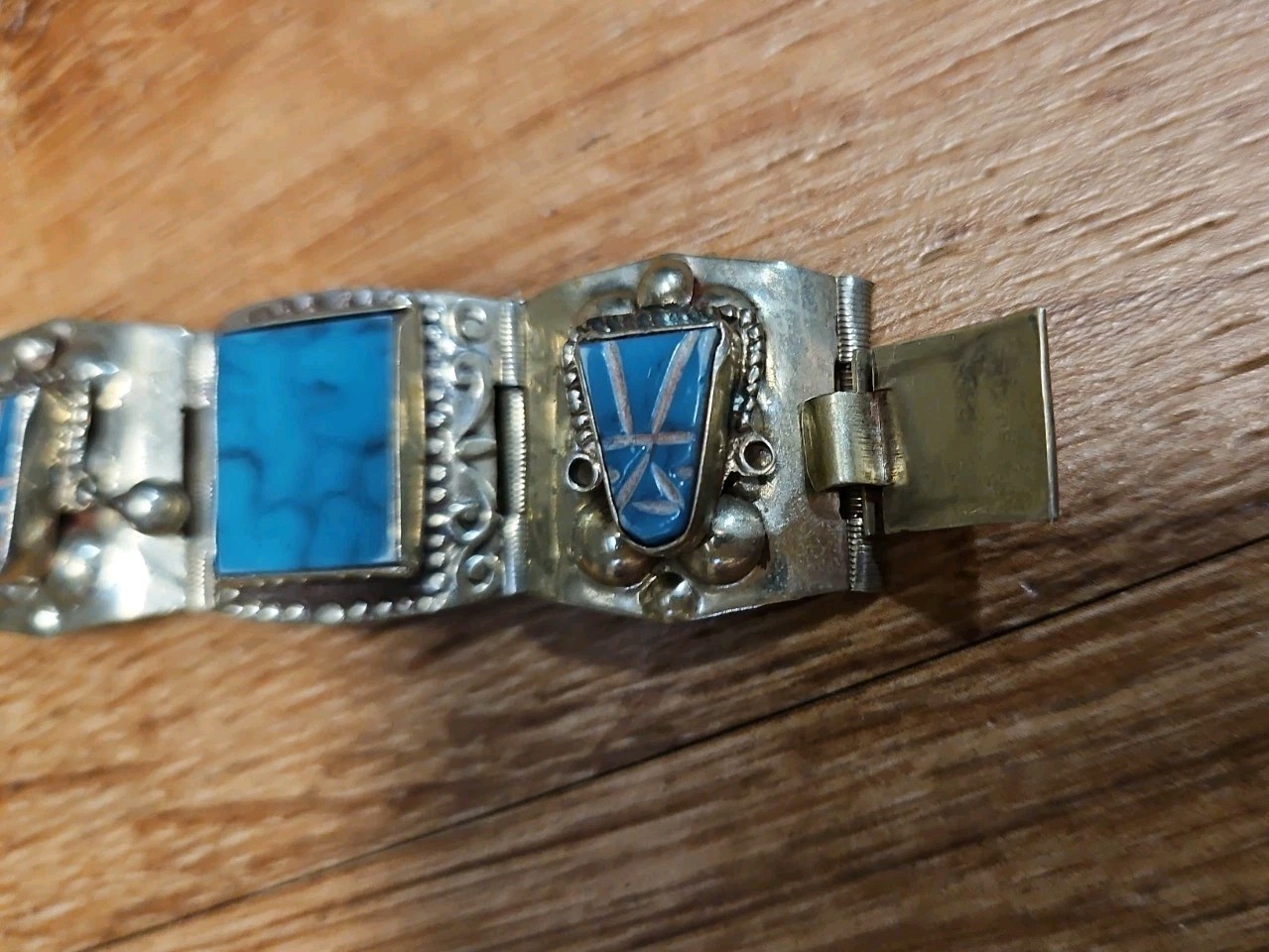 Vintage Silver & Turquoise Hecho En Mexico Taxco Alpaca Warrior Mask Bracelet 7”