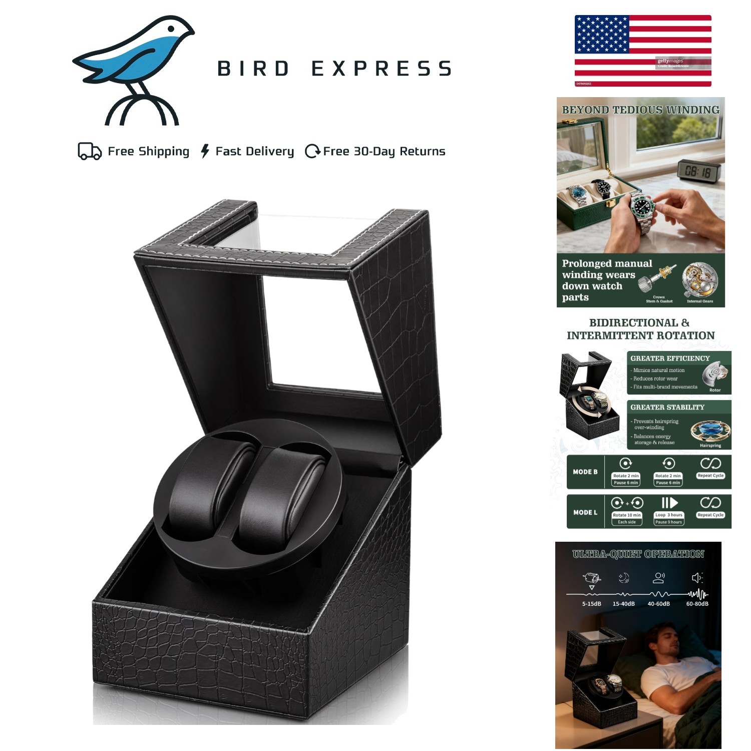 Automatic Double Watch Winder Box Leather with Quiet Japanese Motor USB Power
