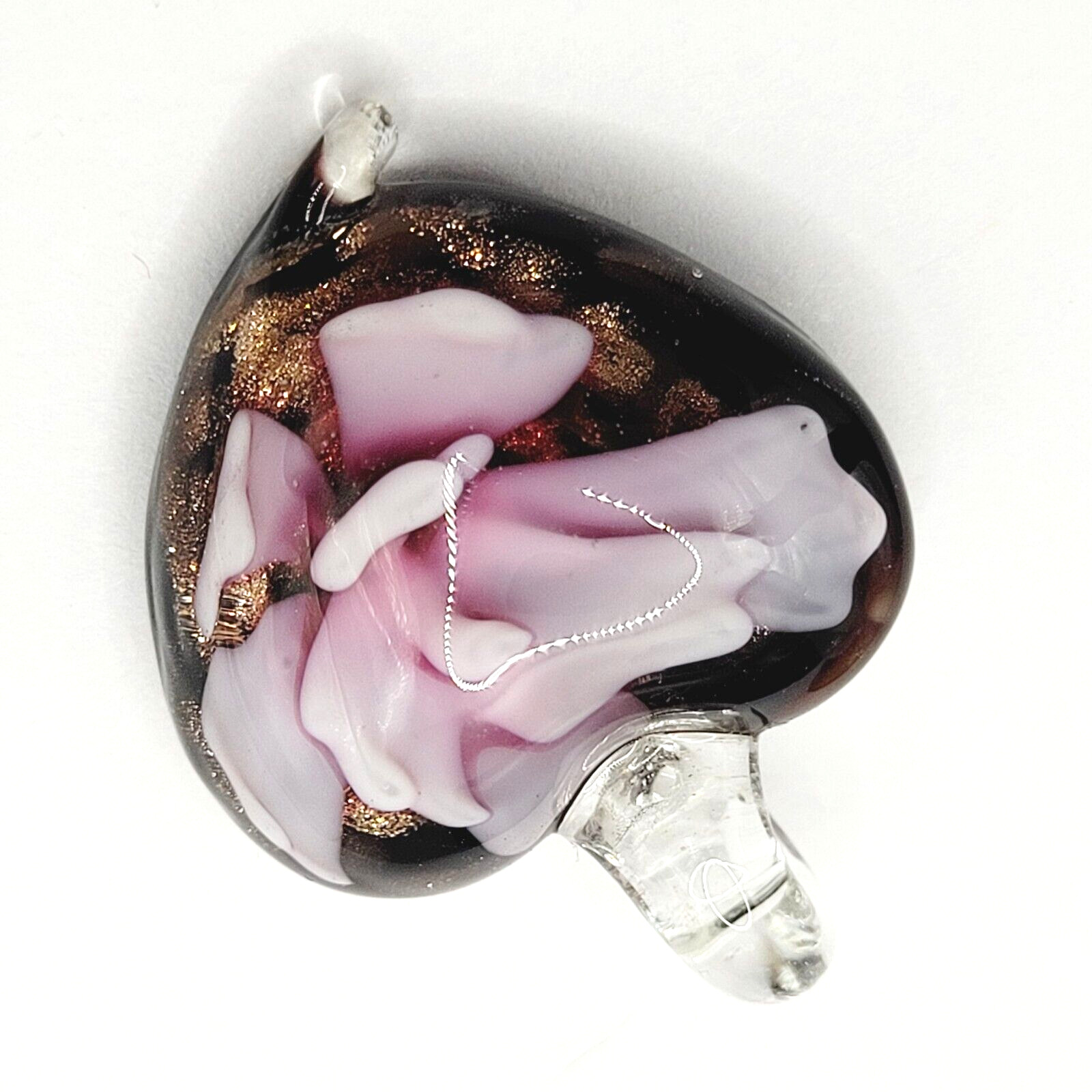 Glass Heart Dusty Rose Artisan Craft Lampwork Style Floral Foil Glitter Pendant