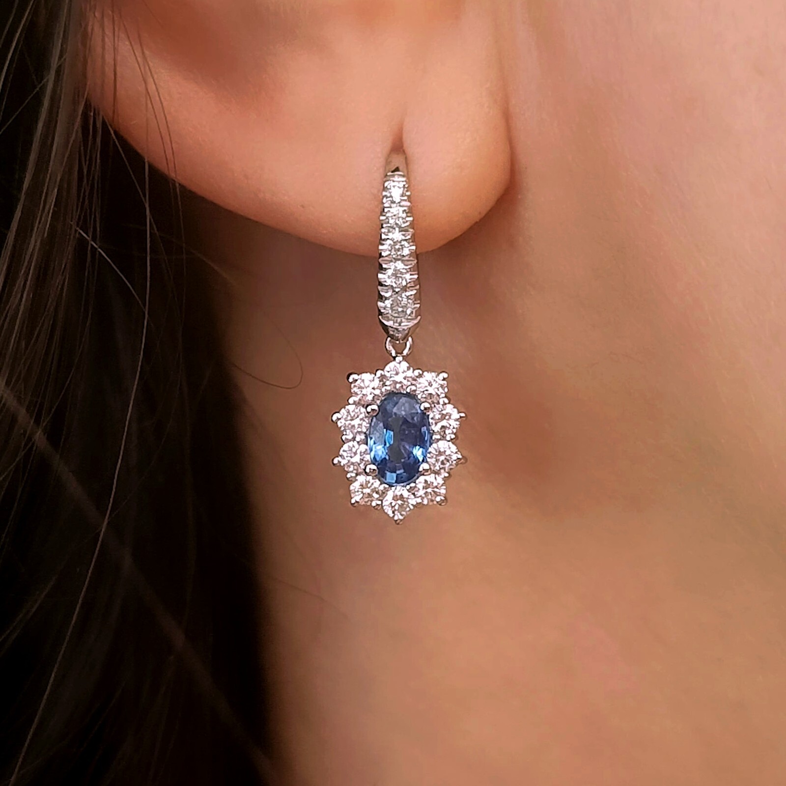 18kt White Gold Diamond Oval Blue Sapphire Nun Earrings
