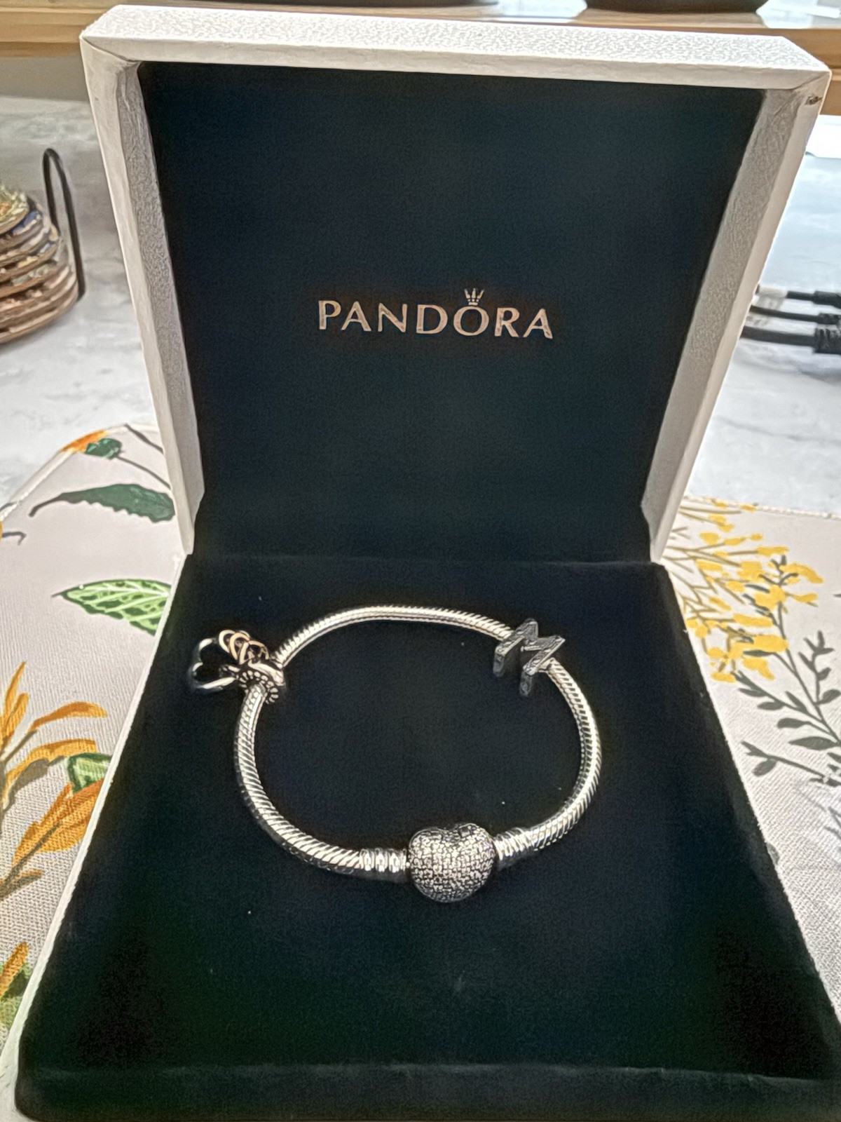 Pandora 6.3 inch Moments Sparkling Heart & Snake Chain Bracelet with 2 charms