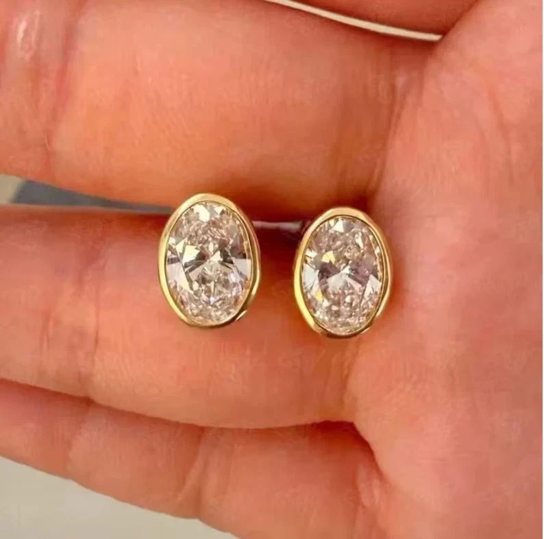 5 Ct Oval Cut EF/VS Lab Grown Diamond Bezel Set Stud Earrings 14K Yellow Gold