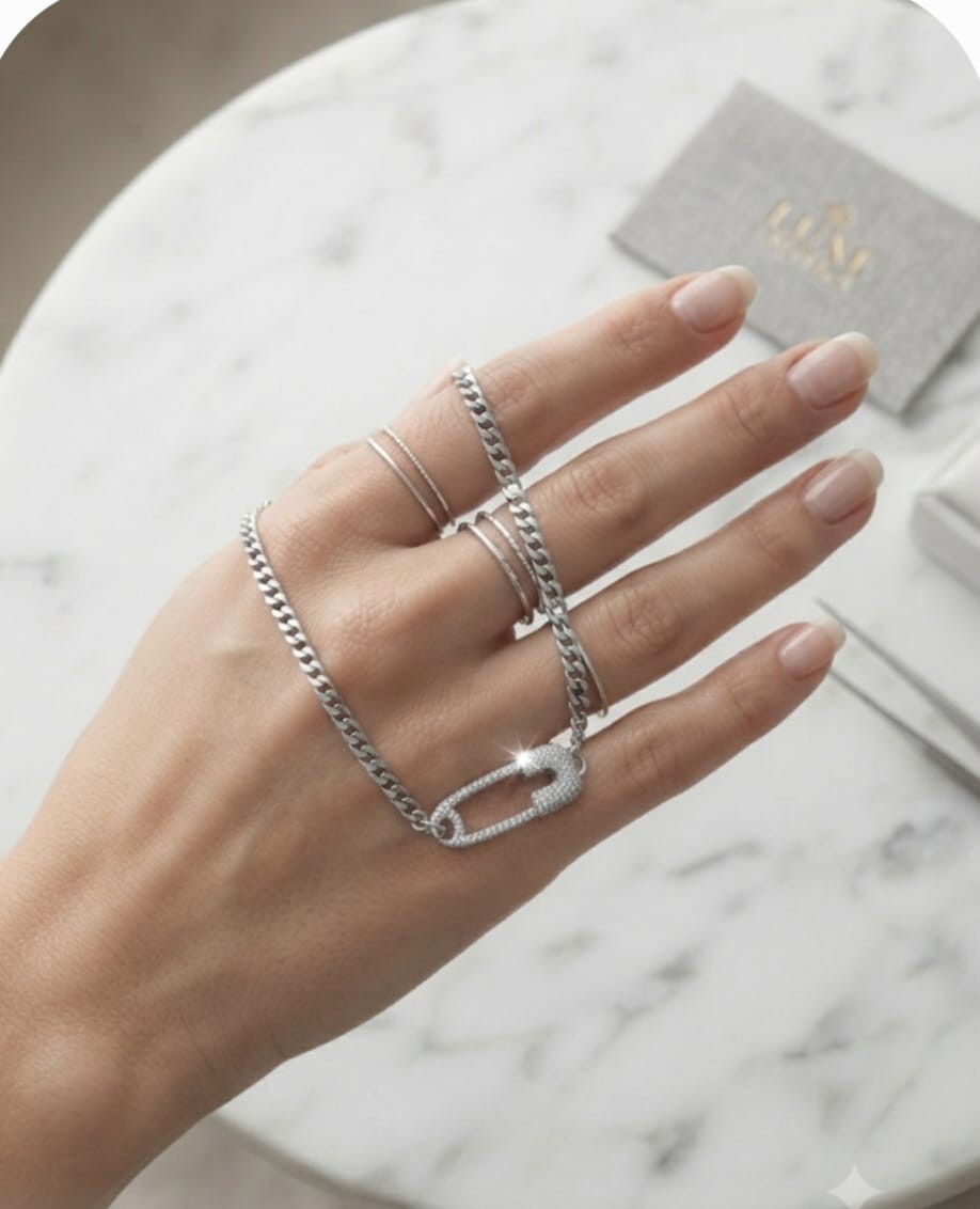 Sparkly Safety Pin Charm Bracelet Silver Curb Link Chain Layering Cuff Jewelry