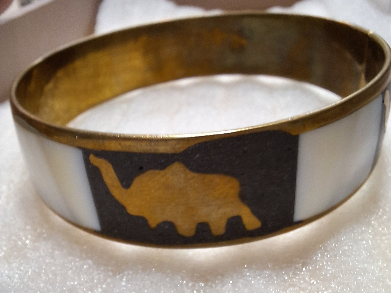 Gold Tone Elephant & Camel Motif Bangle Bracelet Black White Panels Round