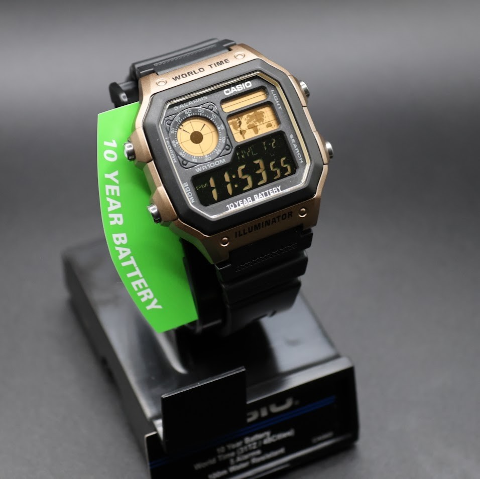 CASIO AE-1200WHD. Royale World Time Watch Mod. Gold Filter. Negative Display