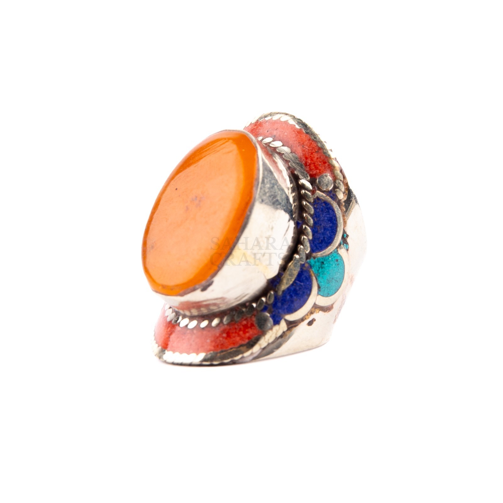 Tibetan Ring, Orange Coral Lapis Lazuli Stone, Traditional Tibetan Bead Jewelry,