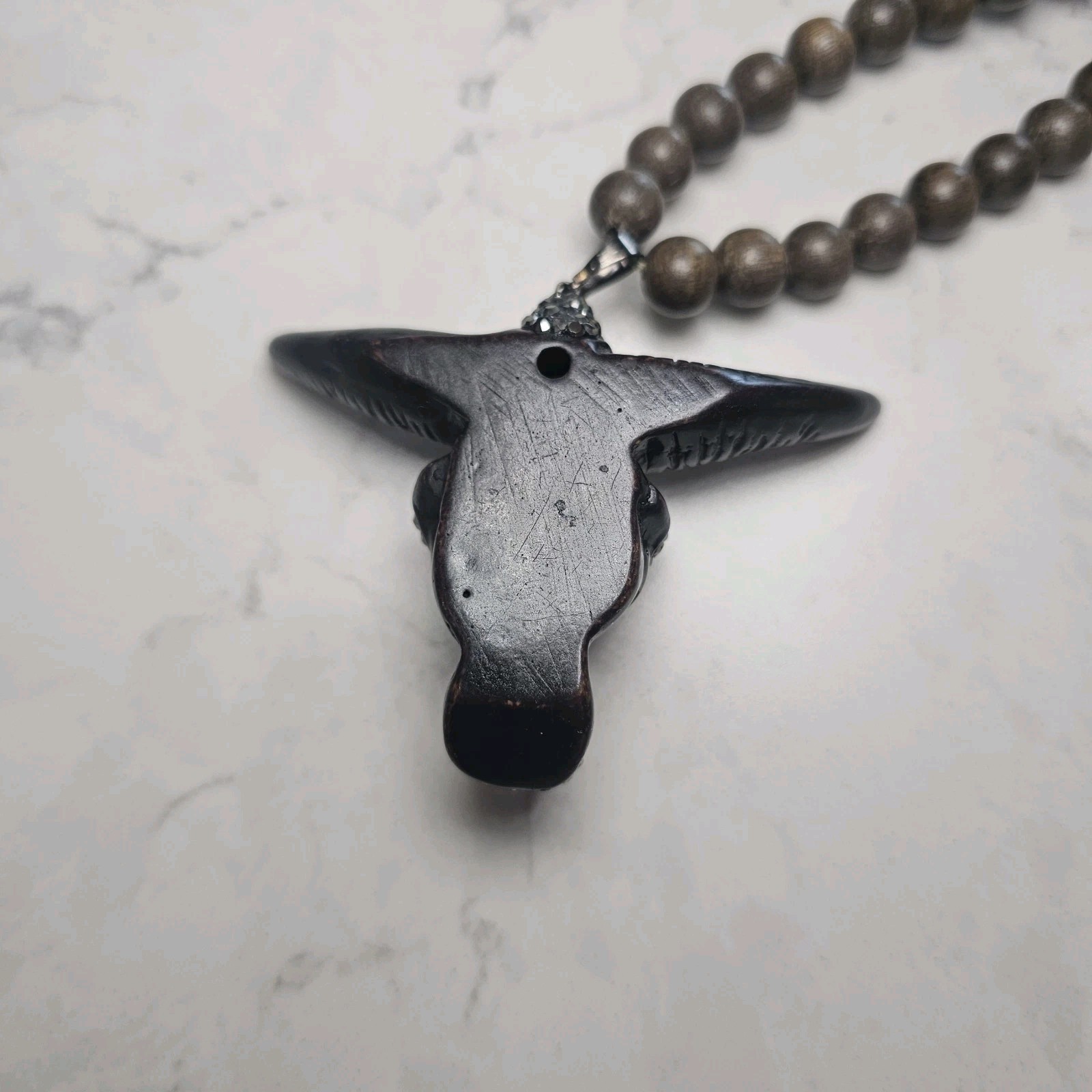 Rhinestone Bull Head Pendant Necklace Dark Brown Beads Long 20″ Bohemian Style