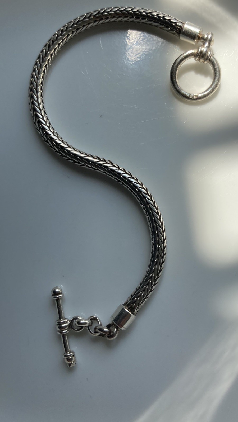 Vintage 925 sterling silver woven wheat link toggle clasp chain bracelet