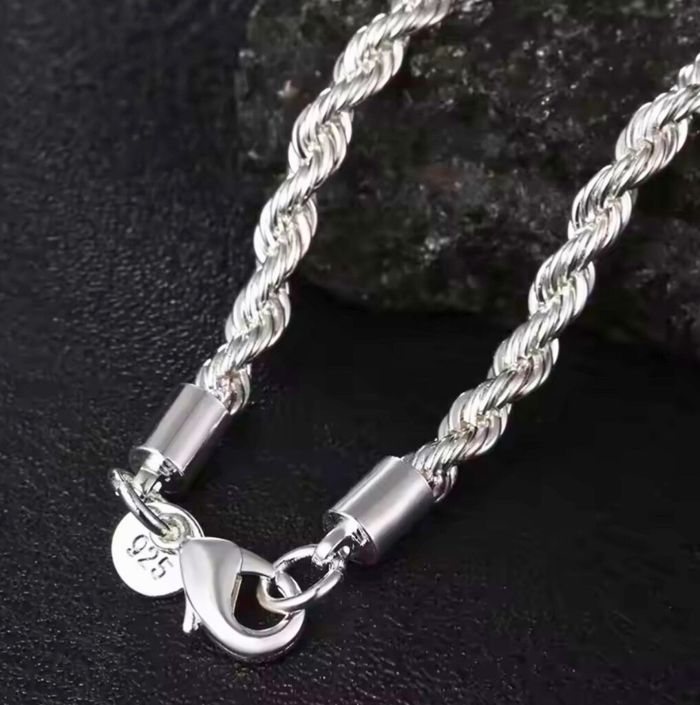925 Sterling Silver Rope Link Chain Necklace–Unisex, Stainless Steel, Plated
