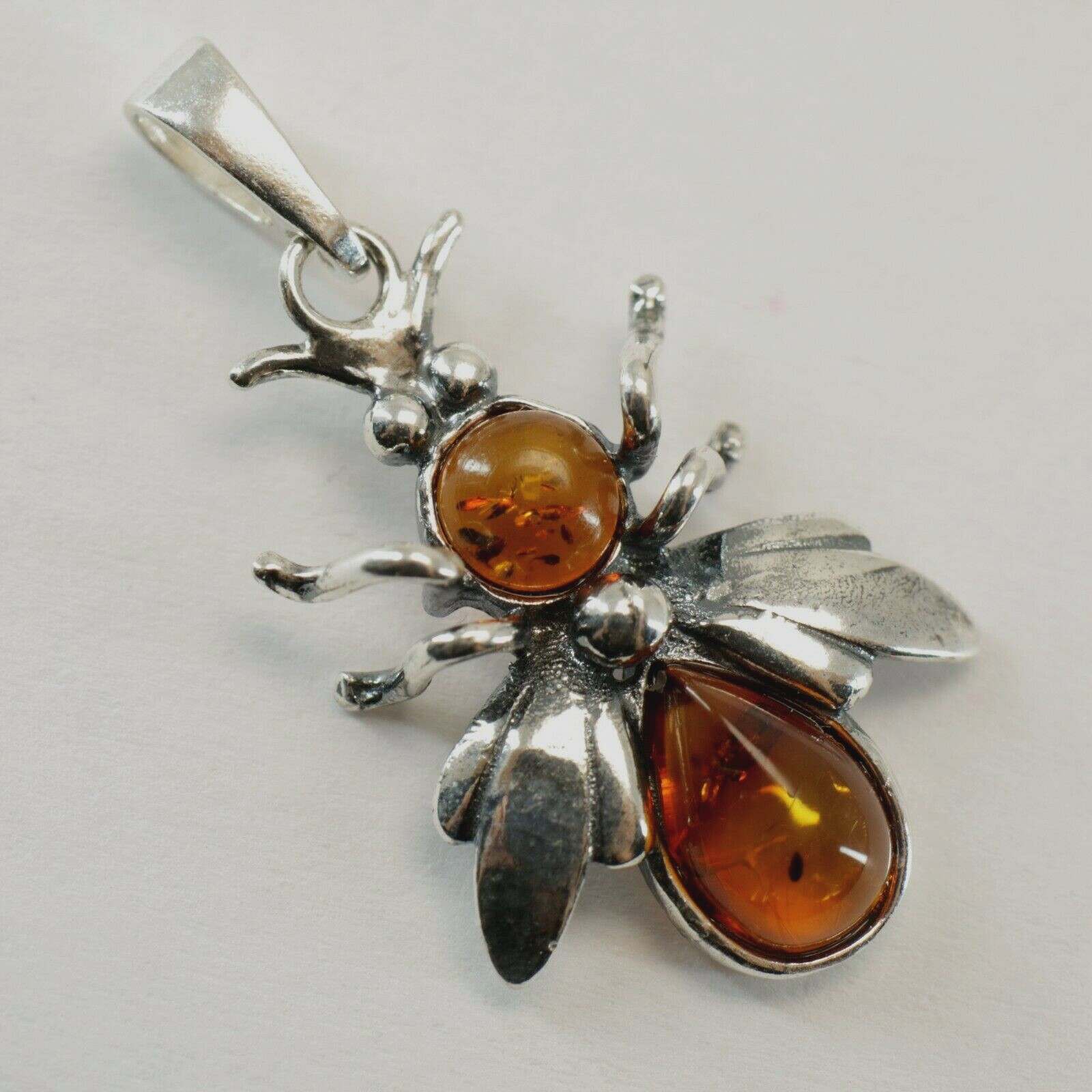 Cognac Brown BALTIC AMBER Bee Pendant in STERLING SILVER Natural Genuine #3301e