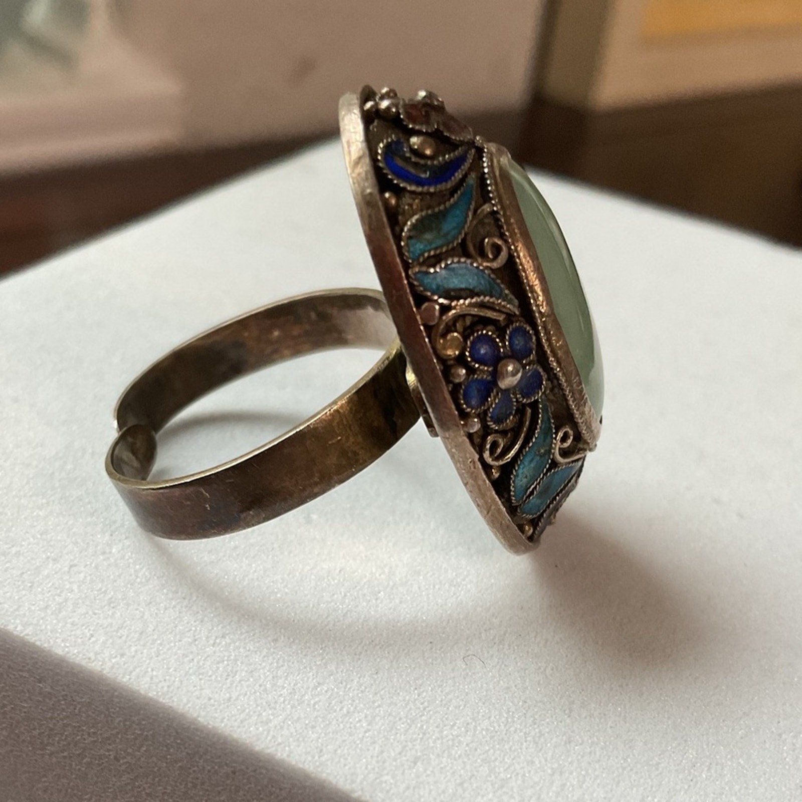 Vintage Chinese Export Jade Enamel Floral Adjustable Ring