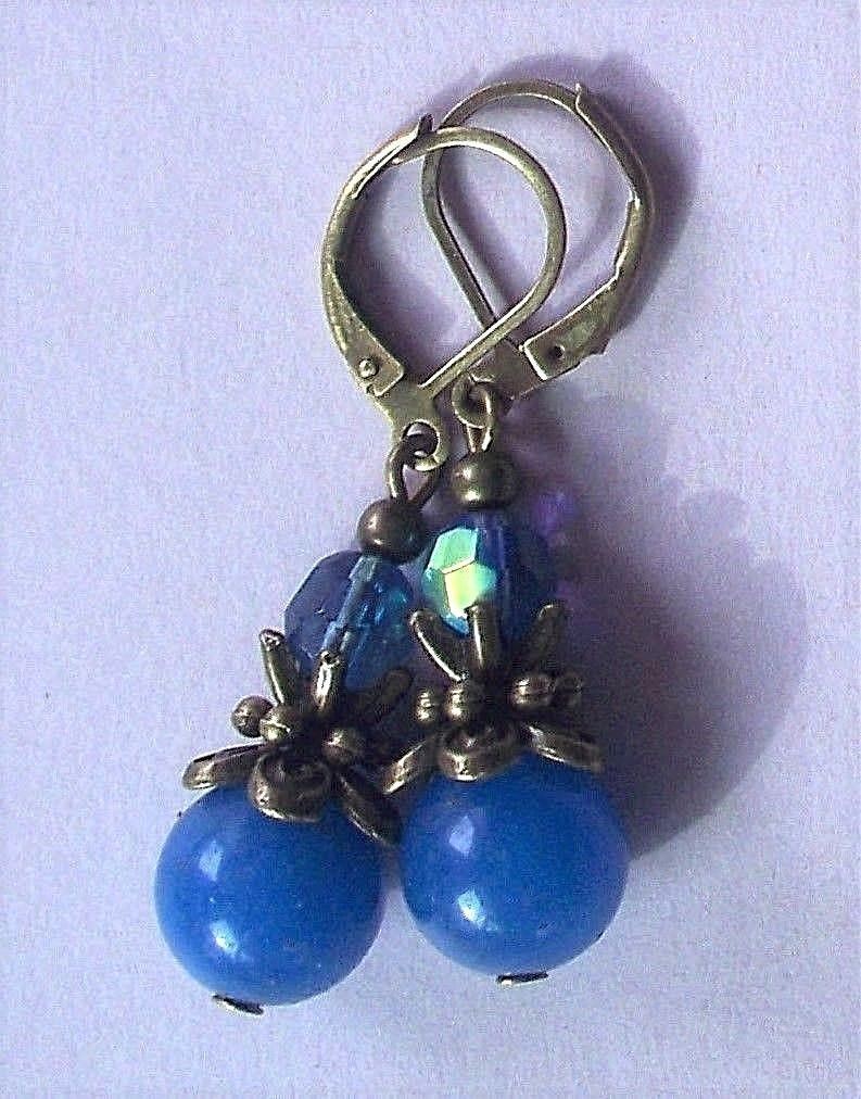 dark blue BLUE JADE & AB Crystal earring BRONZE LEVERBACK artisan#475-4