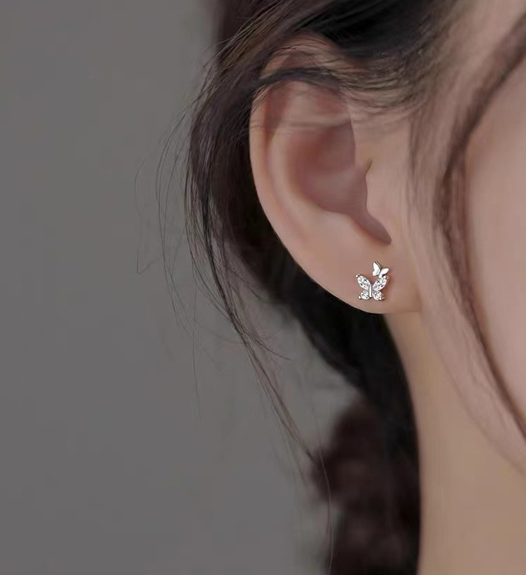 925 Sterling Silver Post Tiny Small Butterfly CZ Stud Earrings 8mm Gift I107