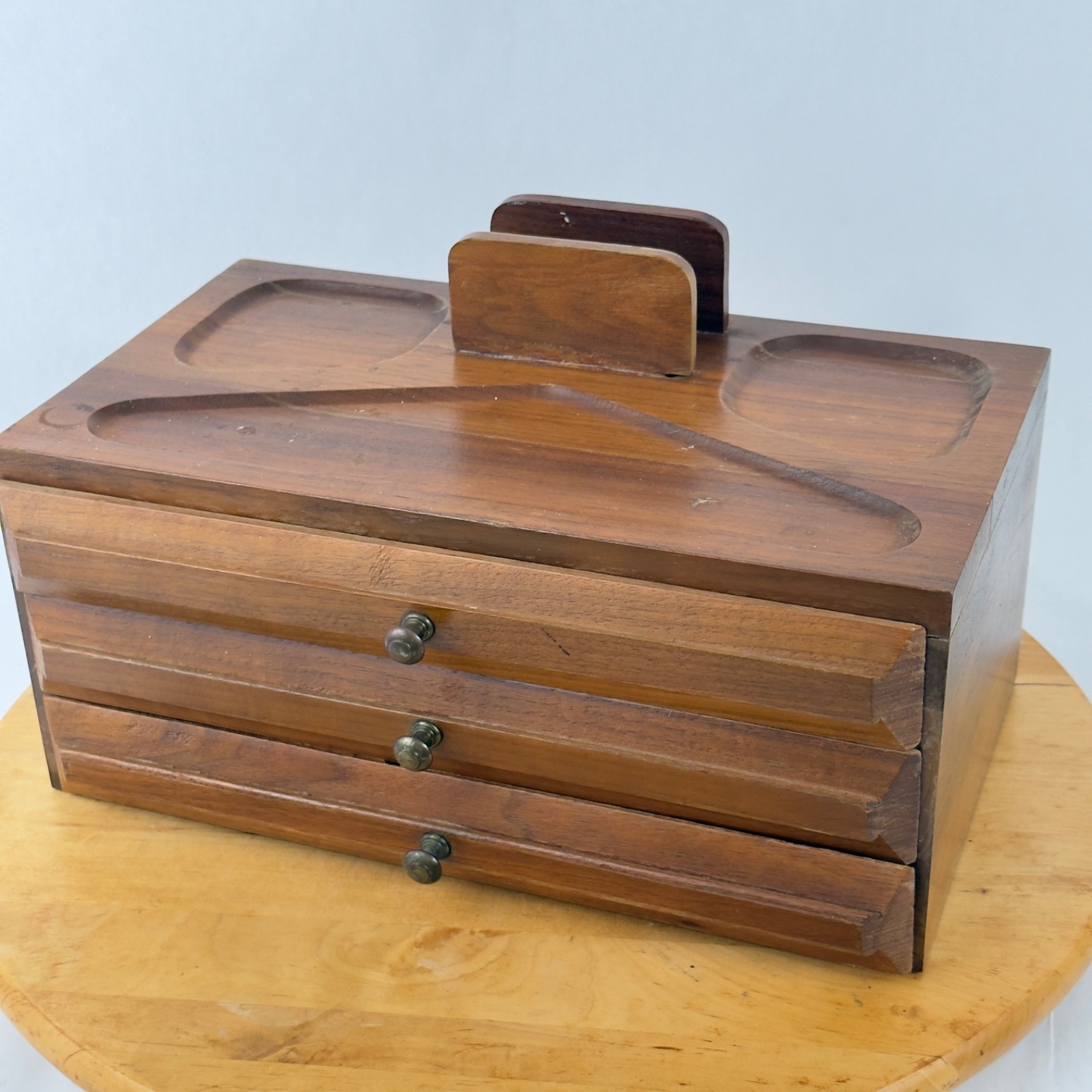 Mid Century Walnut Wood Desk Organizer Jewelry Desk Valet Box w Drawers Catchall