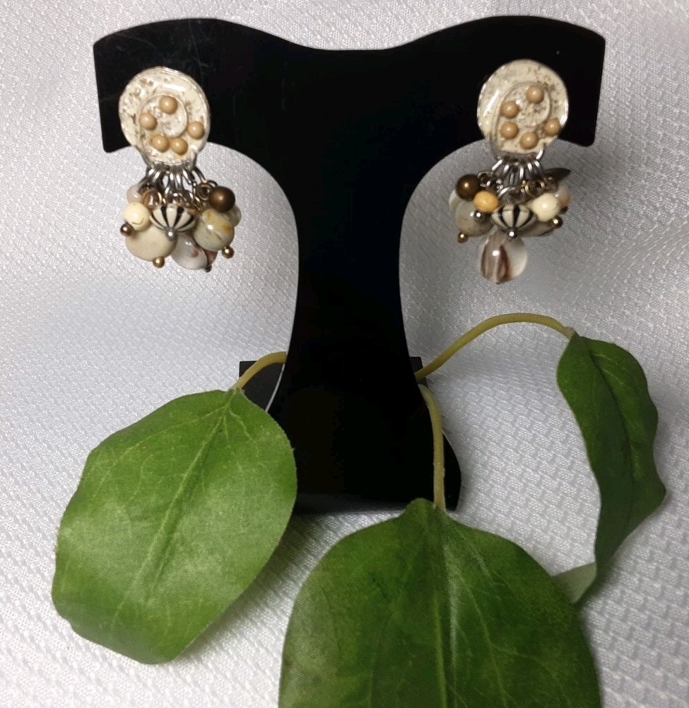 Earring Silver Tone Beige Tan Multicolor Different Shape Beaded Drop Dangle Clip