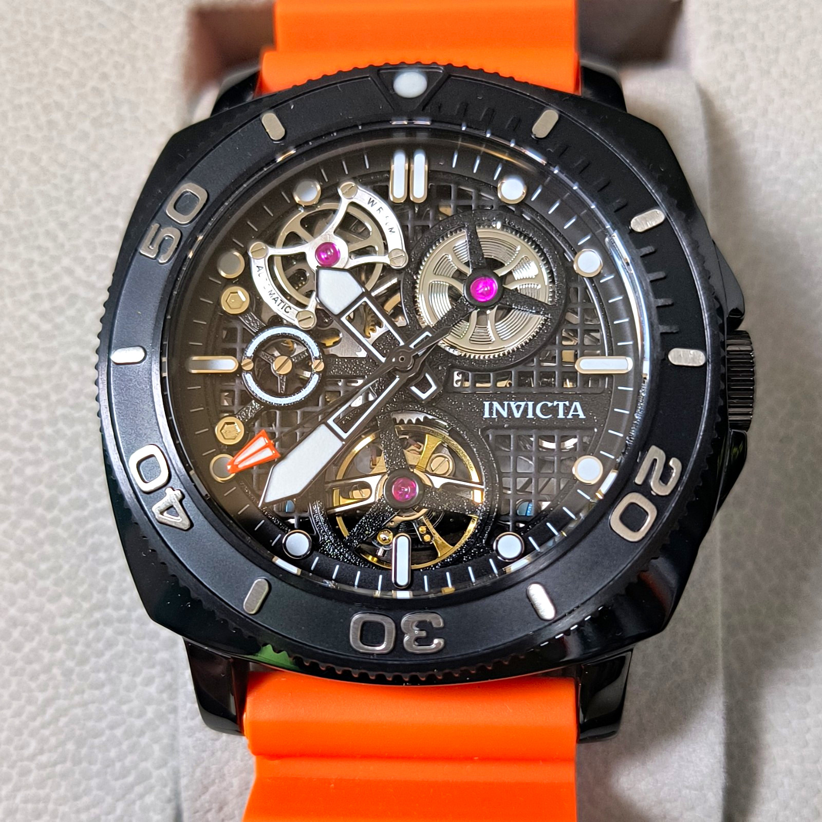 Invicta Sea Hunter Automatic Skeleton Black/Orange Dial 44mm OrangeStrap GiftBox