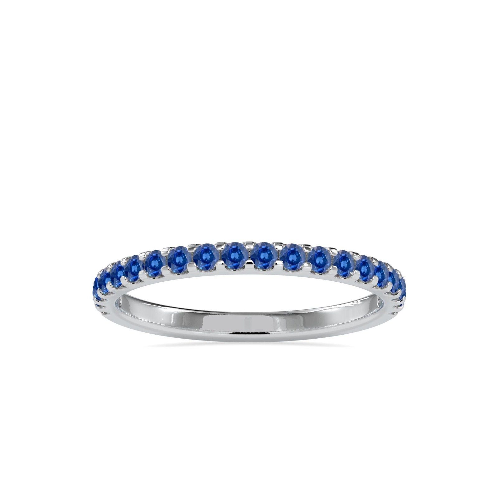 Shared Prong Round Blue Sapphire Half Eternity Wedding Band in 14K White Gold