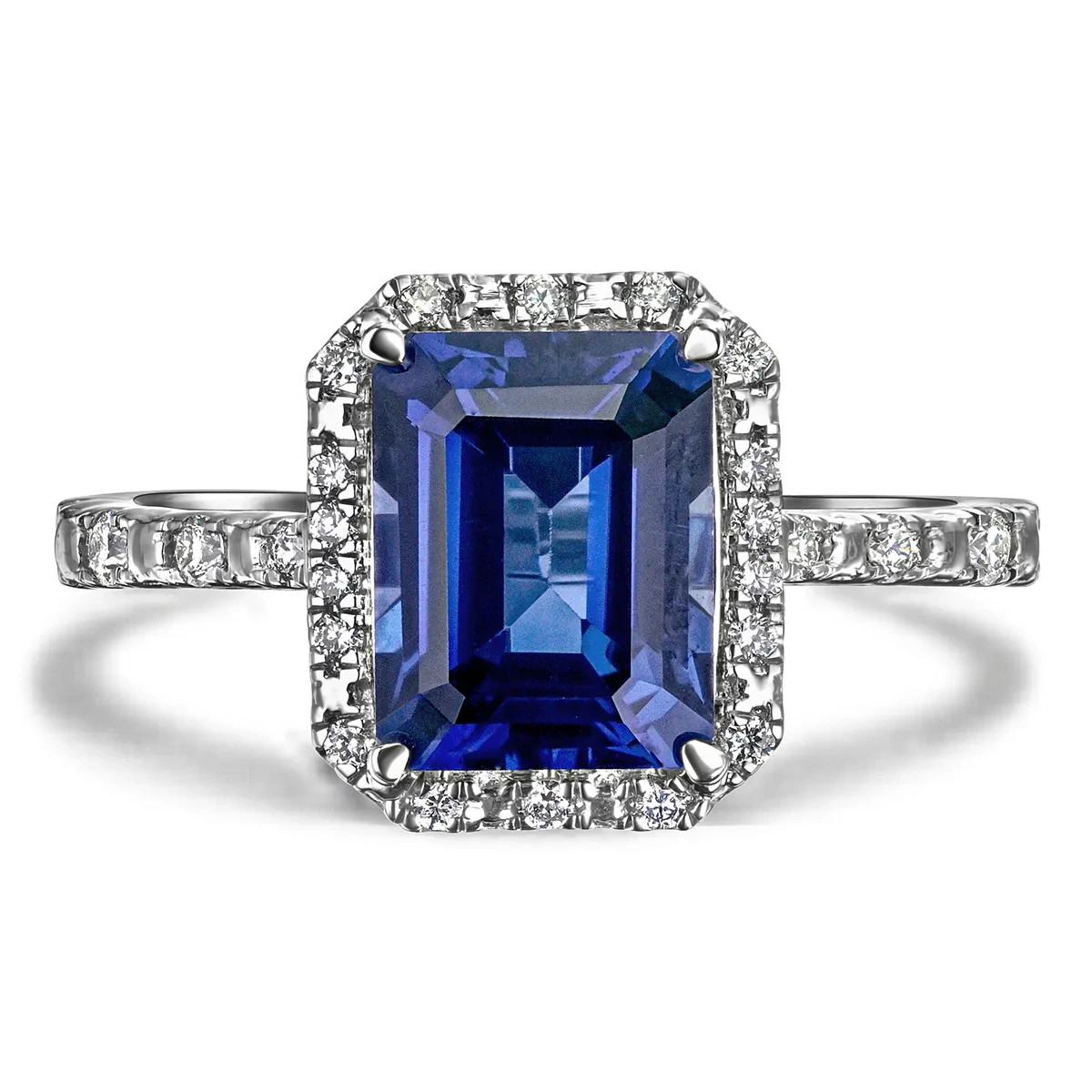 Emerald Cut 3.25 Ct Lab Created Diamond Women Ring Blue Sapphire 14K White Gold