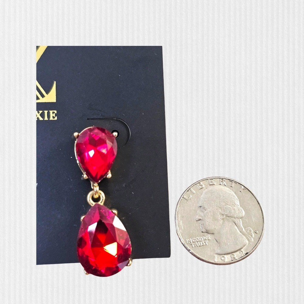 Z by Zaxie Dazzling Red Glass Stone Dangle/Drop Earrings Elegant Gold Tone