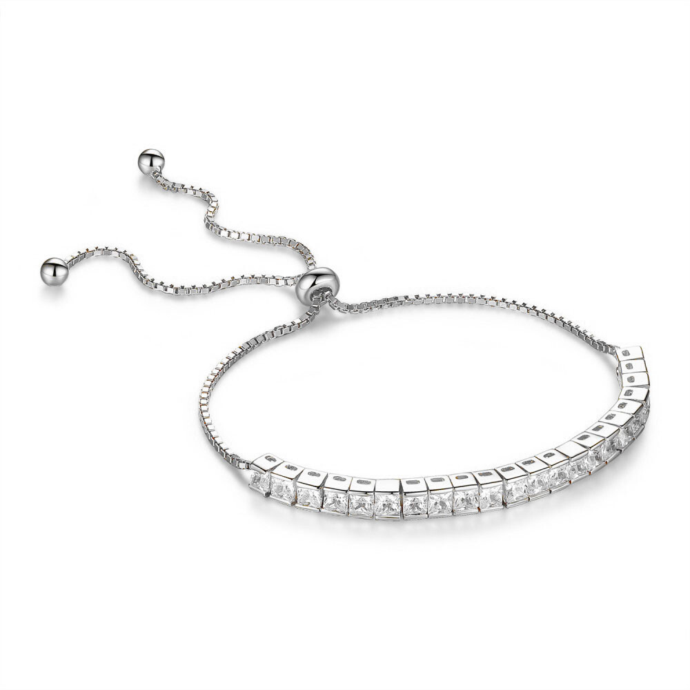 Womens Sterling Silver Cubic Zirconia Adjustable Tennis Bracelet- Square CZ