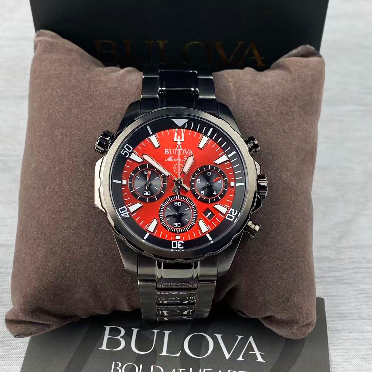 New Bulova Marine Star Men’s Chronograph Quartz Watch Red Dial 98B350 43 mm