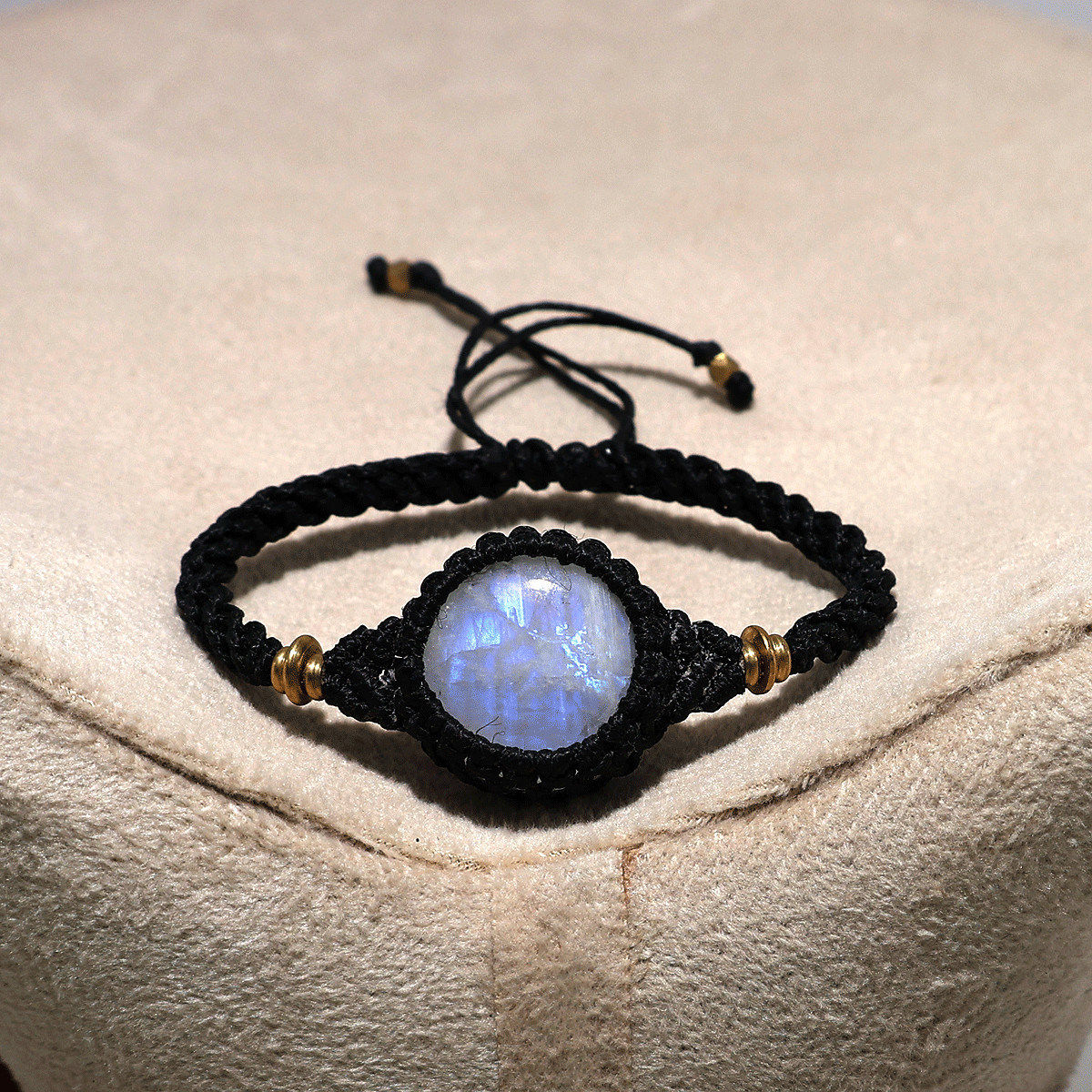 Blue Fire Rainbow Moonstone Macramé Bracelet – Handmade Lunar Glow Wrist Jewelry