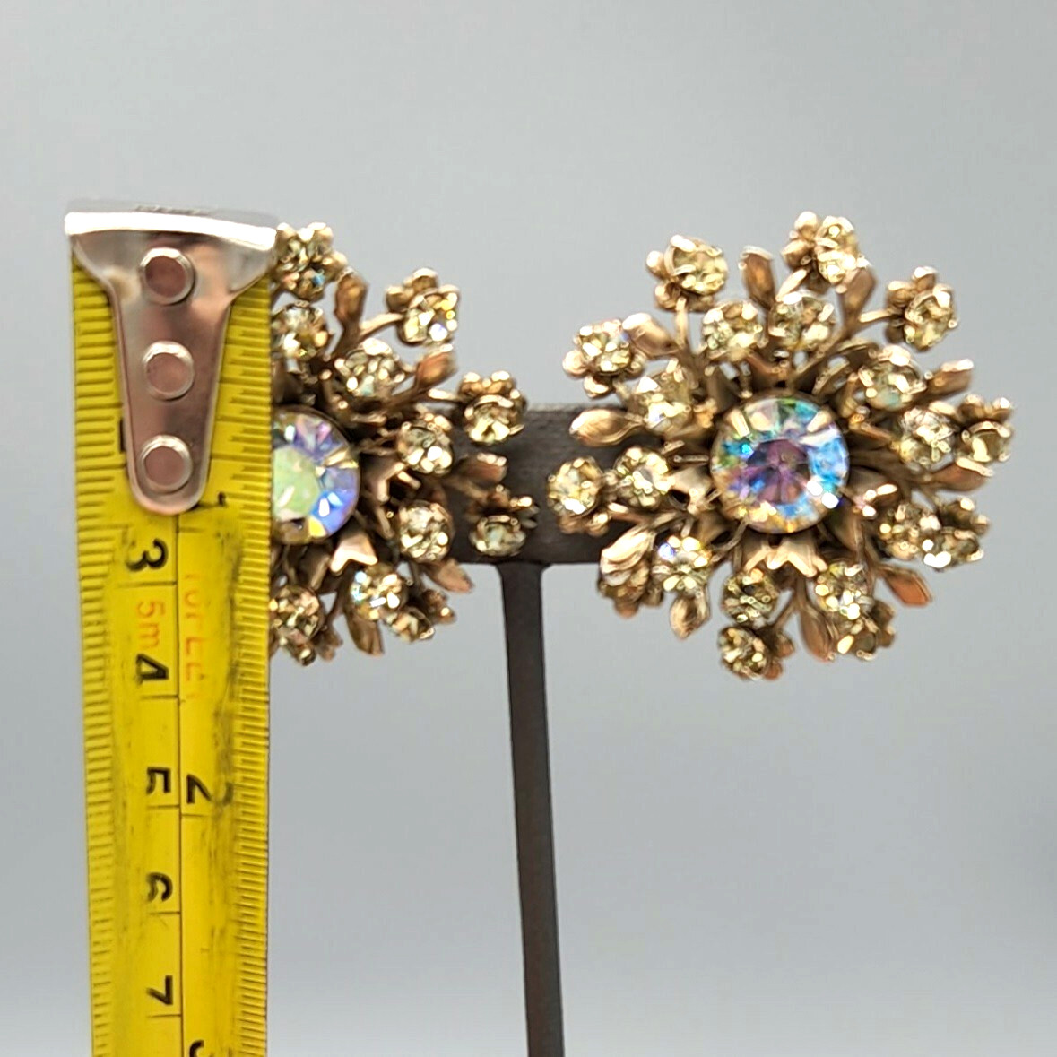 Large Jonquil and Aurora Borealis Rhinestone Gold Tone Fiigree Clip Earrings