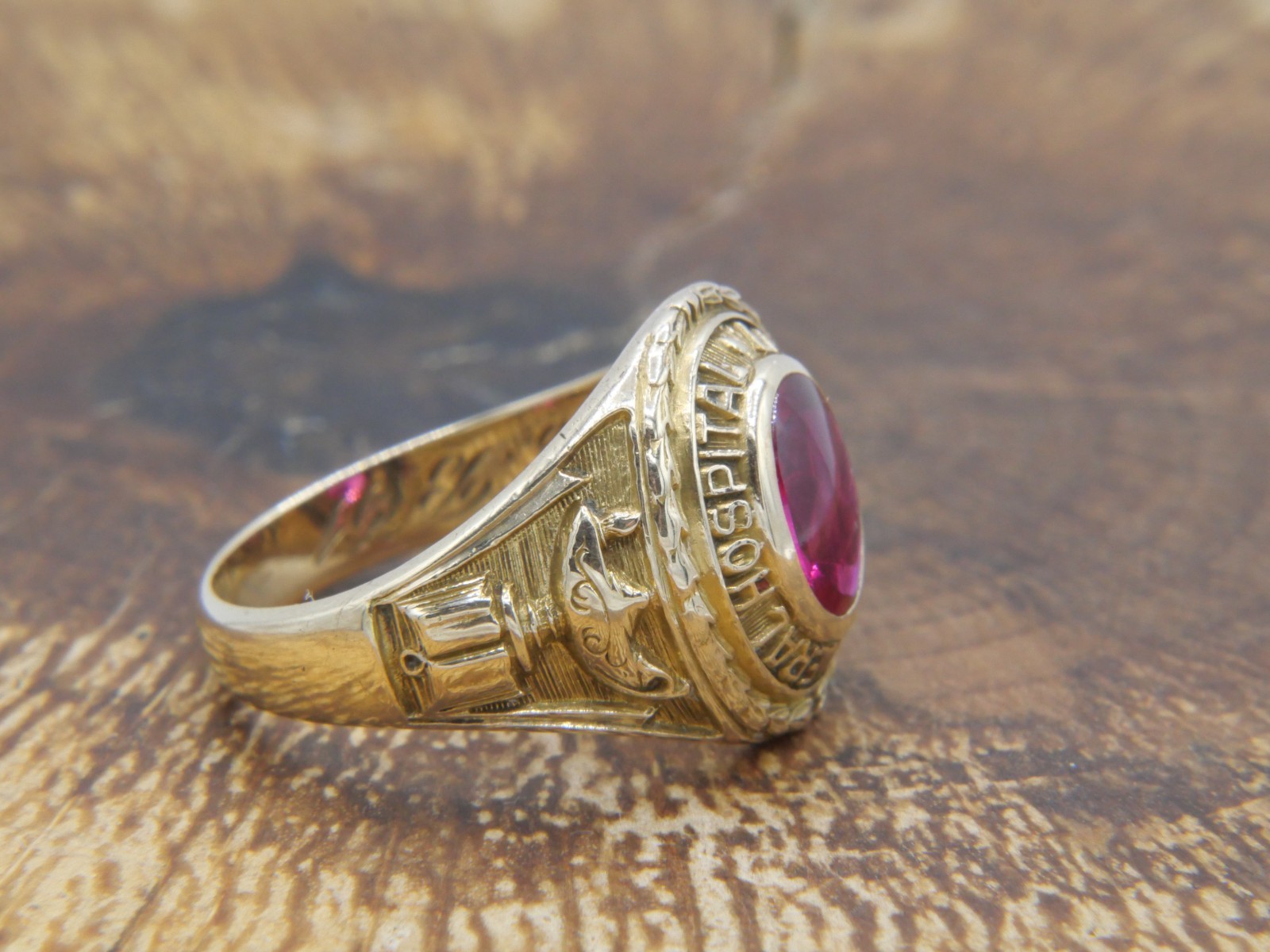 Antique 1931 10K Gold Lab Created Flame Fusion Ruby, Lancaster Hospital Ring